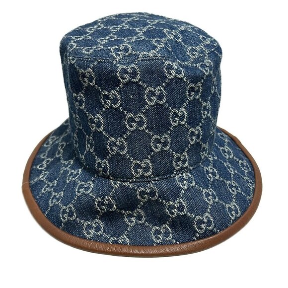 Auth GUCCI - Navy Beige Dark Brown Cotton Leather Hat - Picture 9 of 9